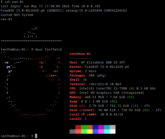 Screenshot of NAS system info with fastfetch