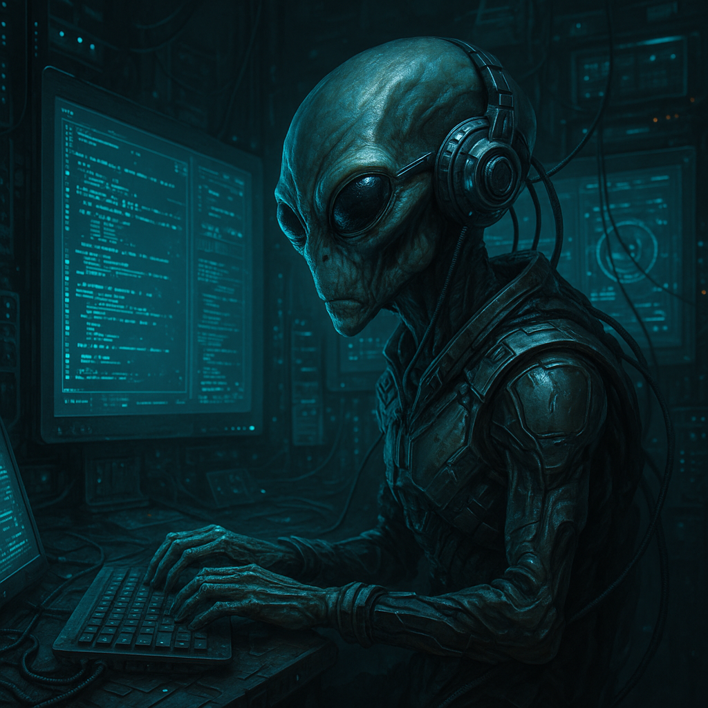 AI-generated image depicting an alien hacker at a computer