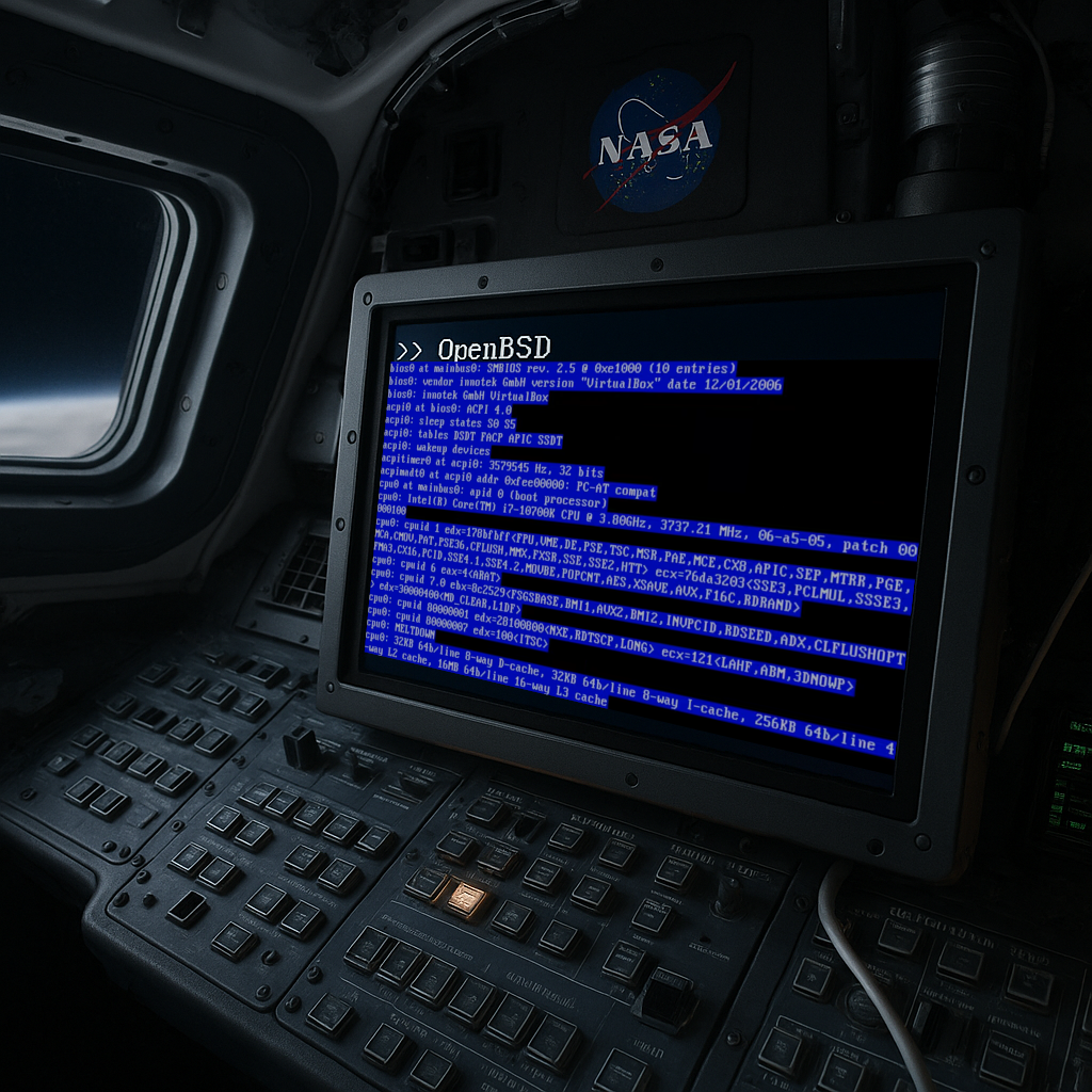 Fictitious image depicting a NASA spacecraft running OpenBSD on a computer
